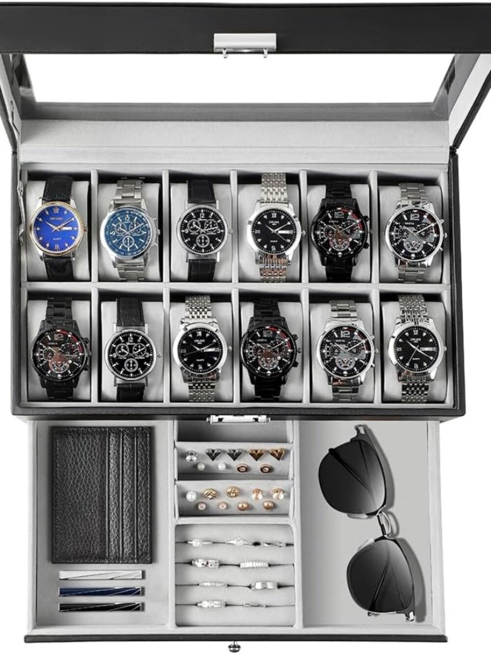 12-Slot Watch Box Organizer with Glass Lid, 2-Tier Leather Case